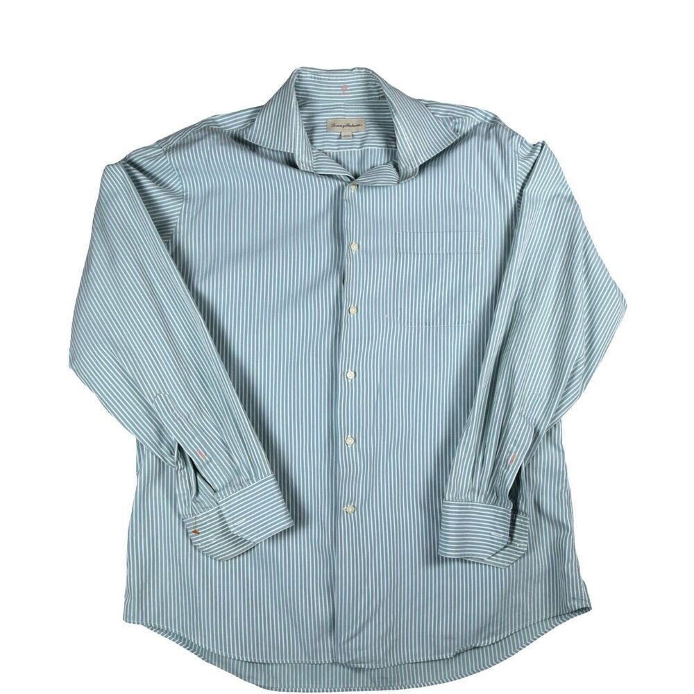 Tommy Bahama Dress Shirt Striped Cotton Long Sleeve Button Up Green Mens 16.5